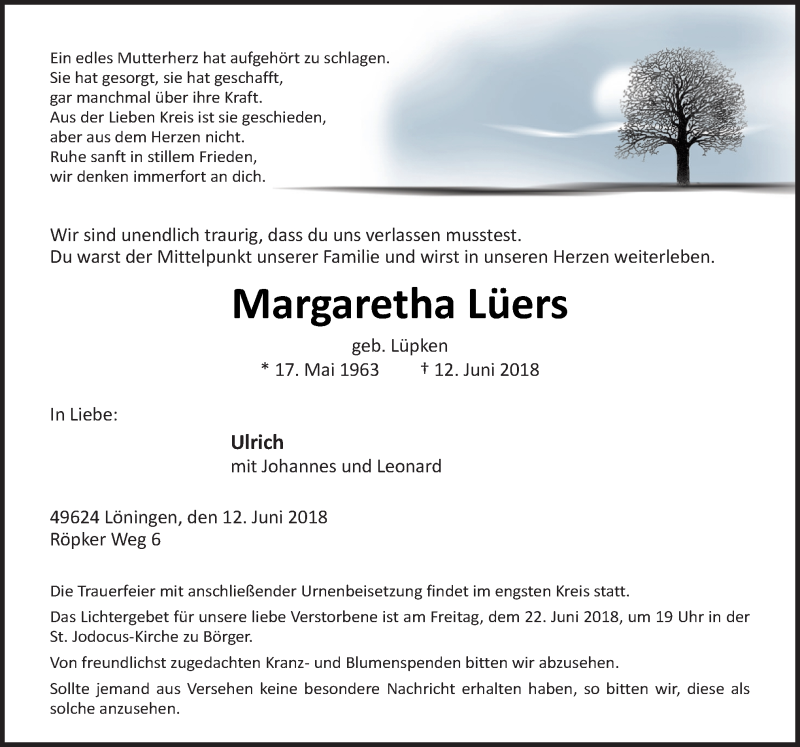  Traueranzeige für Margaretha Lüers vom 18.06.2018 aus Neue Osnabrücker Zeitung GmbH & Co. KG