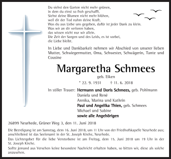 Traueranzeige von Margaretha Schmees von Neue Osnabrücker Zeitung GmbH & Co. KG