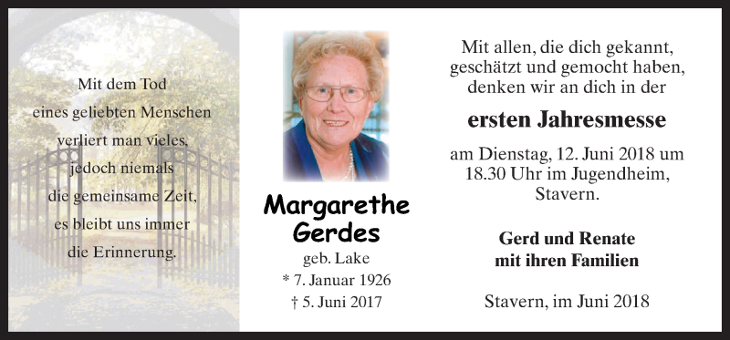  Traueranzeige für Margarethe Gerdes vom 09.06.2018 aus Neue Osnabrücker Zeitung GmbH & Co. KG