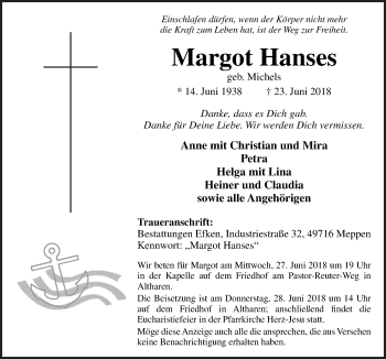 Traueranzeige von Margot Hanses von Neue Osnabrücker Zeitung GmbH & Co. KG