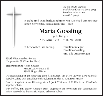 Traueranzeige von Maria Gossling von Neue Osnabrücker Zeitung GmbH & Co. KG