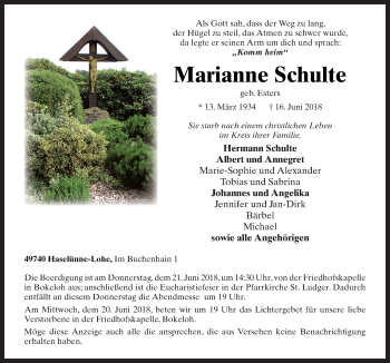 Traueranzeige von Marianne Schulte von Neue Osnabrücker Zeitung GmbH & Co. KG
