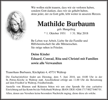 Traueranzeige von Mathilde Burbaum von Neue Osnabrücker Zeitung GmbH & Co. KG