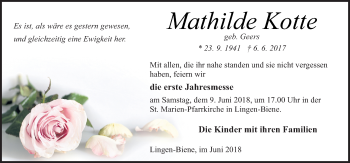 Traueranzeige von Mathilde Kotte von Neue Osnabrücker Zeitung GmbH & Co. KG