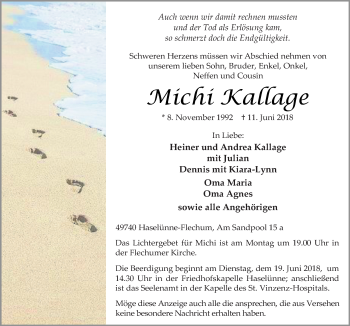 Traueranzeige von Michi Kallage von Neue Osnabrücker Zeitung GmbH & Co. KG