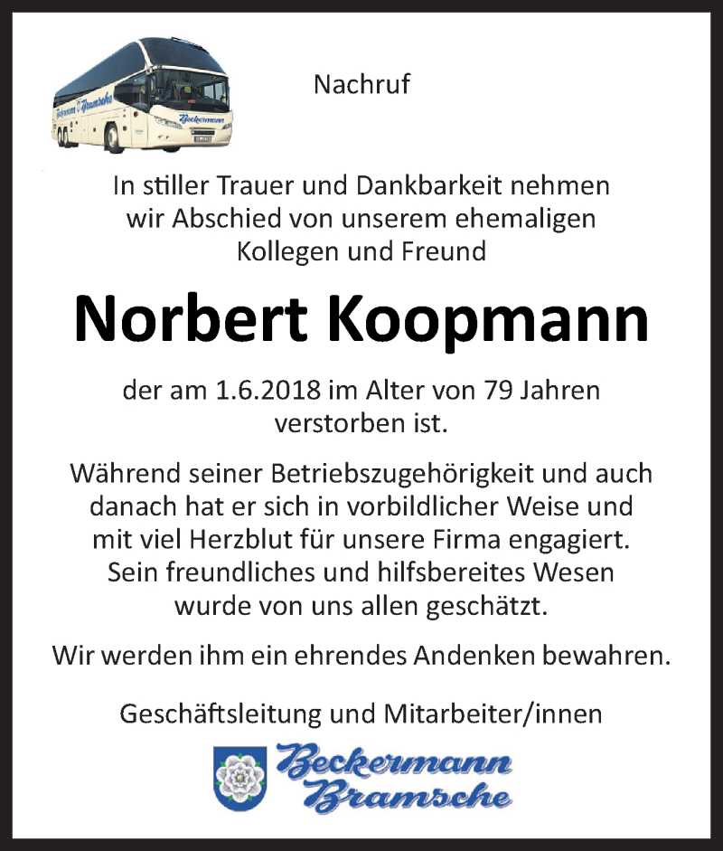  Traueranzeige für Norbert Koopmann vom 16.06.2018 aus Neue Osnabrücker Zeitung GmbH & Co. KG
