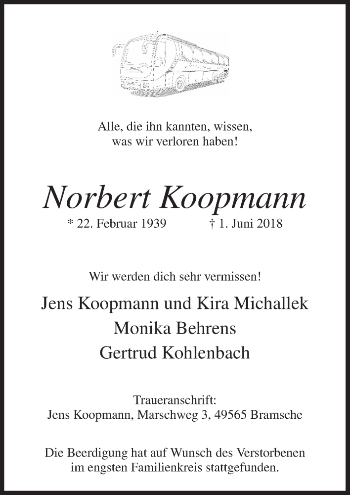  Traueranzeige für Norbert Koopmann vom 13.06.2018 aus Neue Osnabrücker Zeitung GmbH & Co. KG