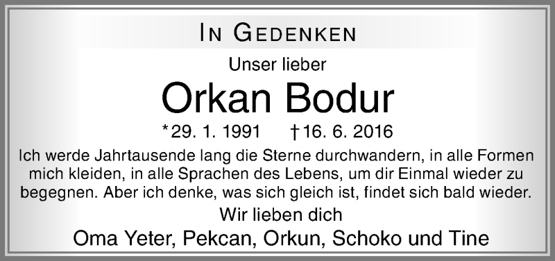  Traueranzeige für Orkan Bodur vom 16.06.2018 aus Neue Osnabrücker Zeitung GmbH & Co. KG
