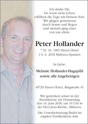 Traueranzeige von Peter Hollander von Neue Osnabrücker Zeitung GmbH & Co. KG