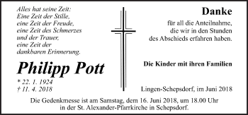 Traueranzeige von Philipp Pott von Neue Osnabrücker Zeitung GmbH & Co. KG