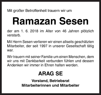 Traueranzeige von Ramazan Sesen von Neue Osnabrücker Zeitung GmbH & Co. KG