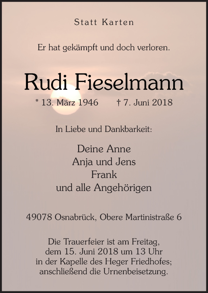  Traueranzeige für Rudi Fieselmann vom 12.06.2018 aus Neue Osnabrücker Zeitung GmbH & Co. KG