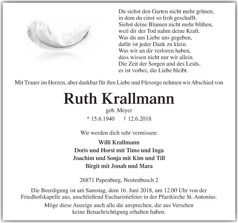  Traueranzeige für Ruth Krallmann vom 14.06.2018 aus Neue Osnabrücker Zeitung GmbH & Co. KG