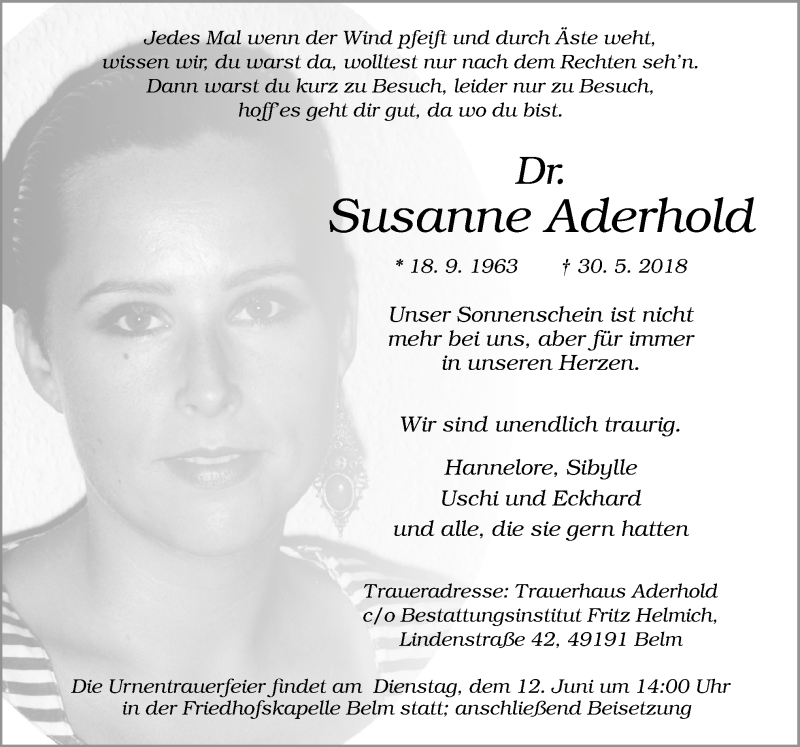  Traueranzeige für Susanne Aderhold vom 02.06.2018 aus Neue Osnabrücker Zeitung GmbH & Co. KG