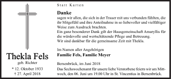 Traueranzeige von Thekla Fels von Neue Osnabrücker Zeitung GmbH & Co. KG