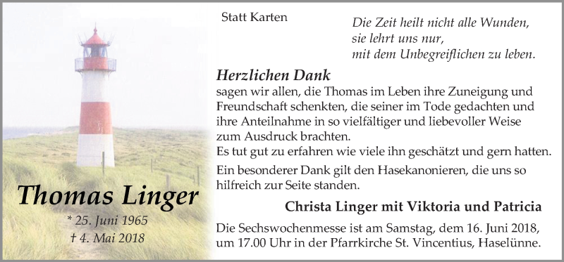  Traueranzeige für Thomas Linger vom 13.06.2018 aus Neue Osnabrücker Zeitung GmbH & Co. KG