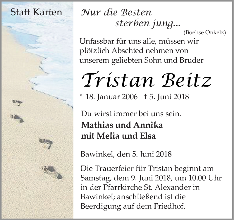  Traueranzeige für Tristan Beitz vom 08.06.2018 aus Neue Osnabrücker Zeitung GmbH & Co. KG