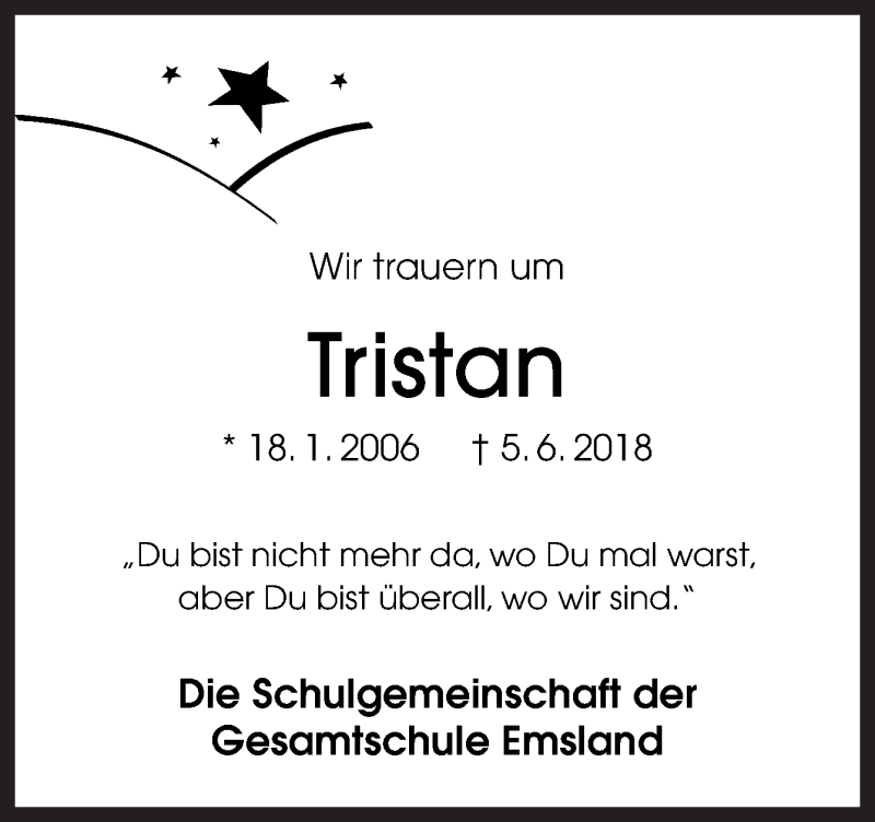  Traueranzeige für Tristan Beitz vom 11.06.2018 aus Neue Osnabrücker Zeitung GmbH & Co. KG