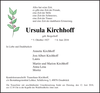 Traueranzeige von Ursula Kirchhoff von Neue Osnabrücker Zeitung GmbH & Co. KG