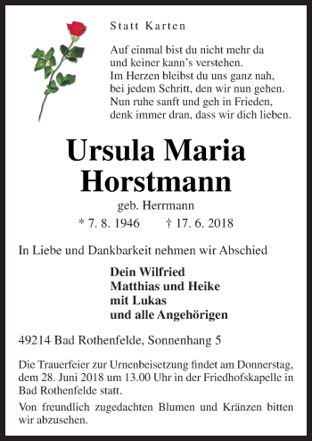 Traueranzeige von Ursula Maria Horstmann von Neue Osnabrücker Zeitung GmbH & Co. KG