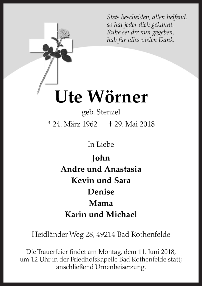  Traueranzeige für Ute Wörner vom 04.06.2018 aus Neue Osnabrücker Zeitung GmbH & Co. KG
