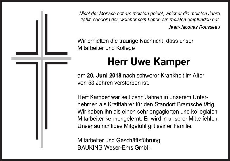  Traueranzeige für Uwe Kamper vom 30.06.2018 aus Neue Osnabrücker Zeitung GmbH & Co. KG