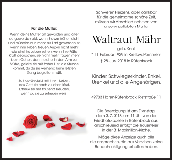 Traueranzeige von Waltraut Mähr von Neue Osnabrücker Zeitung GmbH & Co. KG