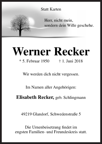 Traueranzeige von Werner Recker von Neue Osnabrücker Zeitung GmbH & Co. KG