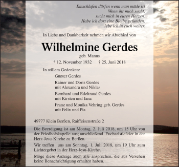 Traueranzeige von Wilhelmine Gerdes von Neue Osnabrücker Zeitung GmbH & Co. KG