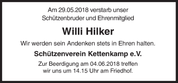 Traueranzeige von Willi Hilker von Neue Osnabrücker Zeitung GmbH & Co. KG