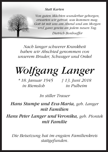 Traueranzeige von Wolfgang Langer von Neue Osnabrücker Zeitung GmbH & Co. KG