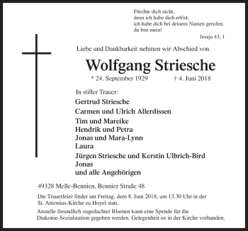 Traueranzeige von Wolfgang Striesche von Neue Osnabrücker Zeitung GmbH & Co. KG