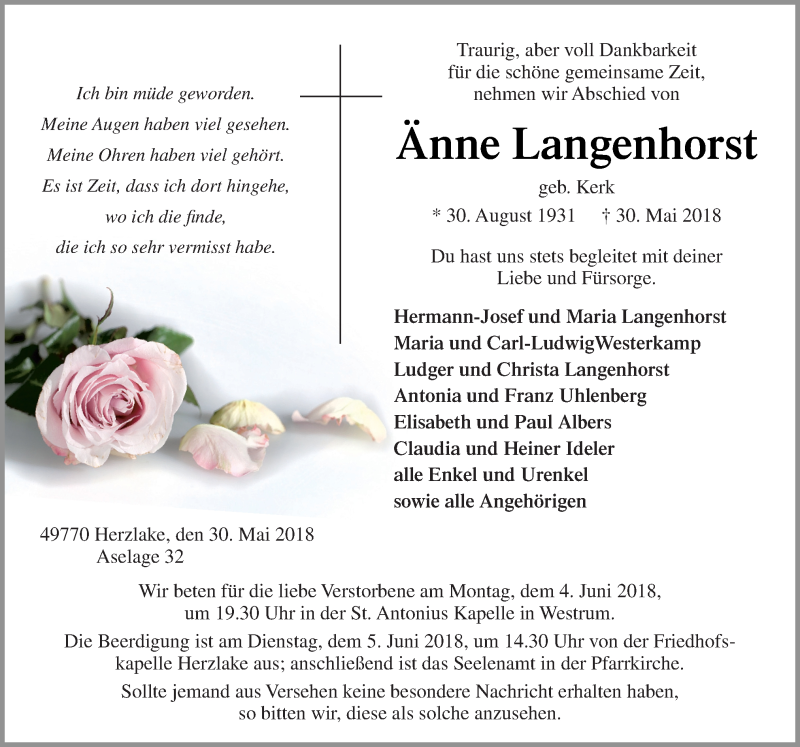  Traueranzeige für Änne Langenhorst vom 01.06.2018 aus Neue Osnabrücker Zeitung GmbH & Co. KG