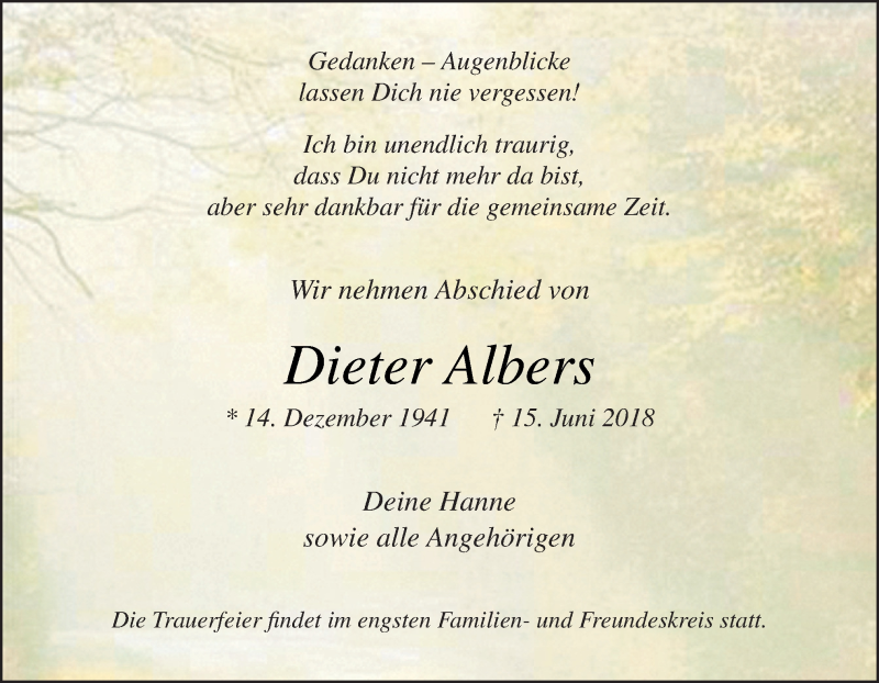  Traueranzeige für Dieter Albers vom 23.06.2018 aus Neue Osnabrücker Zeitung GmbH & Co. KG