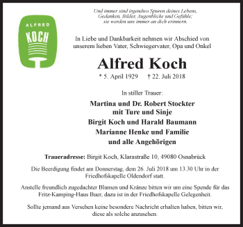 Traueranzeige von Alfred Koch von Neue Osnabrücker Zeitung GmbH & Co. KG