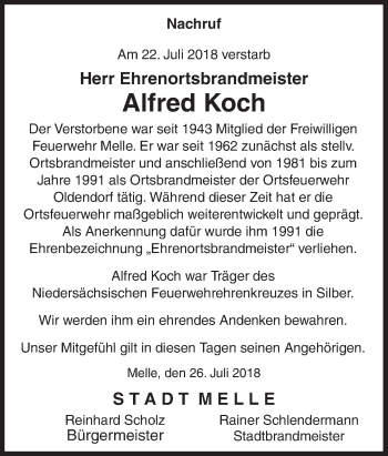 Traueranzeige von Alfred Koch von Neue Osnabrücker Zeitung GmbH & Co. KG