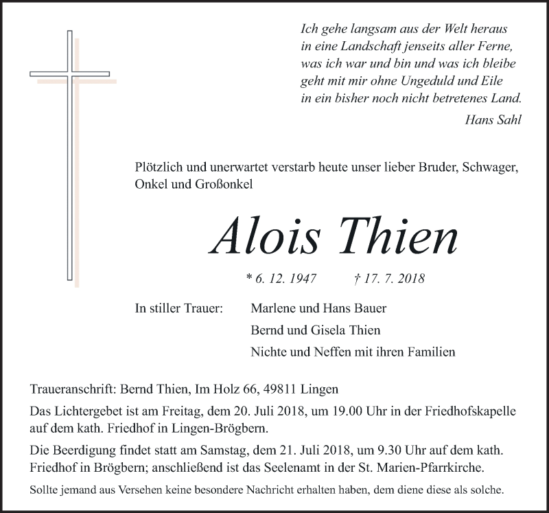  Traueranzeige für Alois Thien vom 19.07.2018 aus Neue Osnabrücker Zeitung GmbH & Co. KG