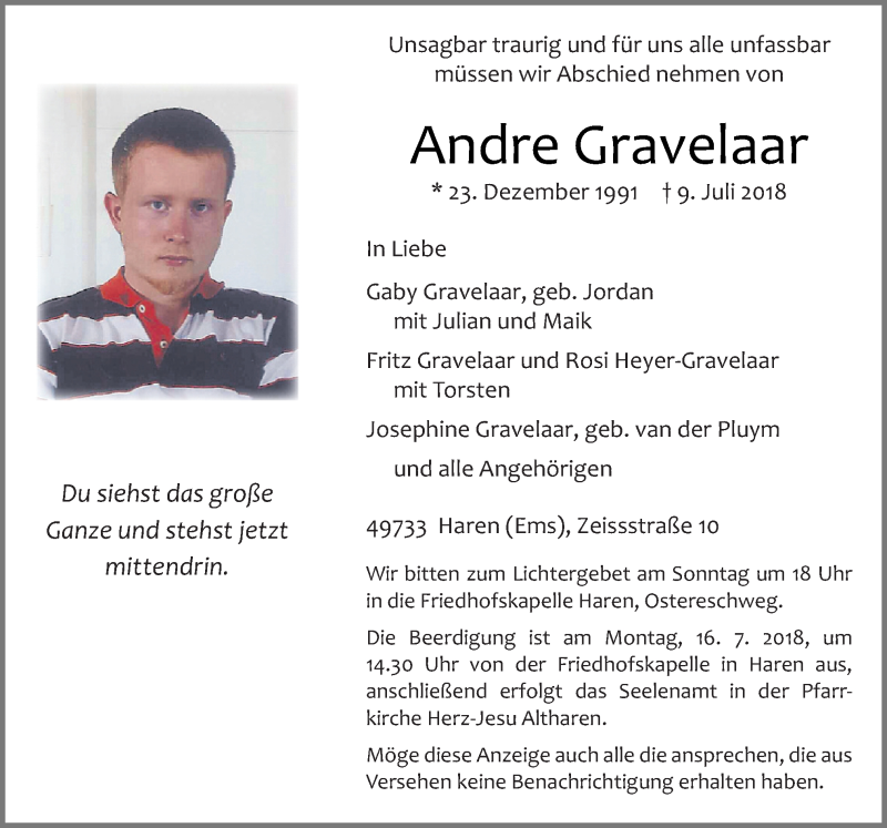  Traueranzeige für Andre Gravelaar vom 14.07.2018 aus Neue Osnabrücker Zeitung GmbH & Co. KG