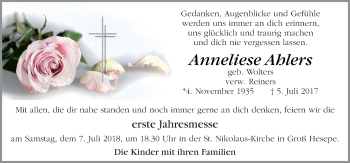 Traueranzeige von Anneliese Ahlers von Neue Osnabrücker Zeitung GmbH & Co. KG