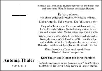 Traueranzeige von Antonia Thaler von Neue Osnabrücker Zeitung GmbH & Co. KG