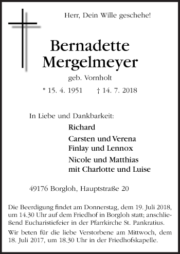 Traueranzeige von Bernadette Mergelmeyer von Neue Osnabrücker Zeitung GmbH & Co. KG