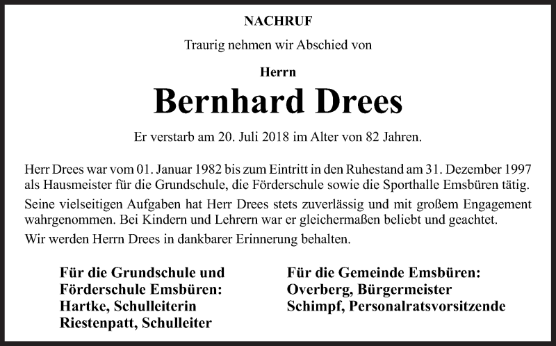  Traueranzeige für Bernhard Drees vom 26.07.2018 aus Neue Osnabrücker Zeitung GmbH & Co. KG