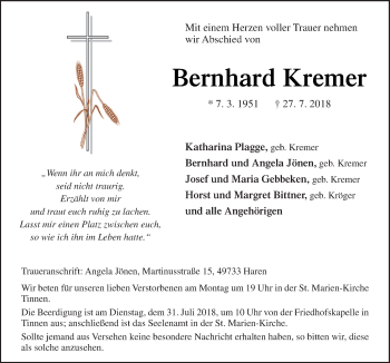 Traueranzeige von Bernhard Kremer von Neue Osnabrücker Zeitung GmbH & Co. KG