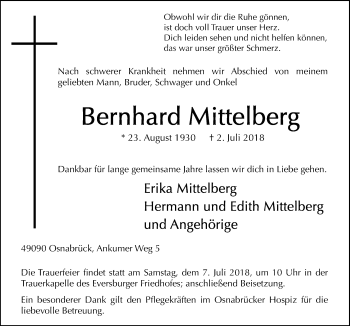 Traueranzeige von Bernhard Mittelberg von Neue Osnabrücker Zeitung GmbH & Co. KG