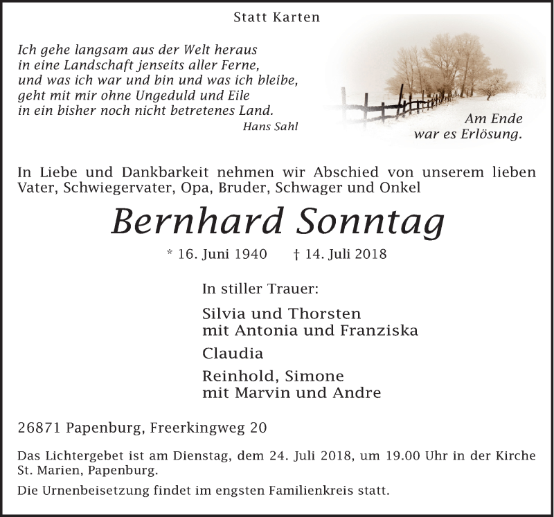  Traueranzeige für Bernhard Sonntag vom 21.07.2018 aus Neue Osnabrücker Zeitung GmbH & Co. KG