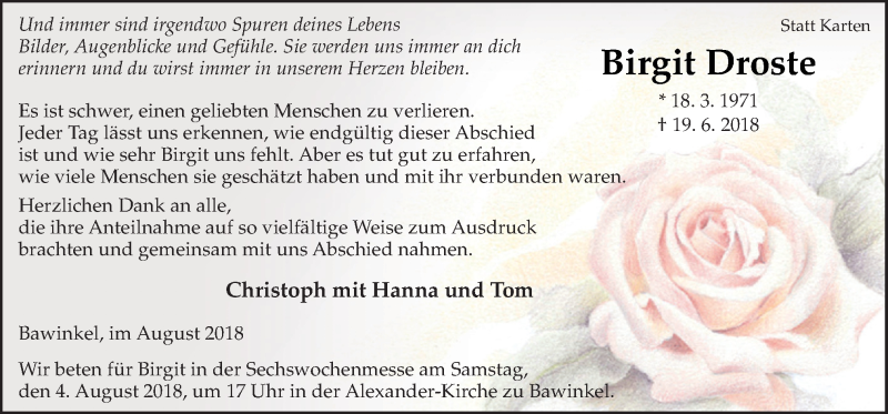  Traueranzeige für Birgit Droste vom 31.07.2018 aus Neue Osnabrücker Zeitung GmbH & Co. KG