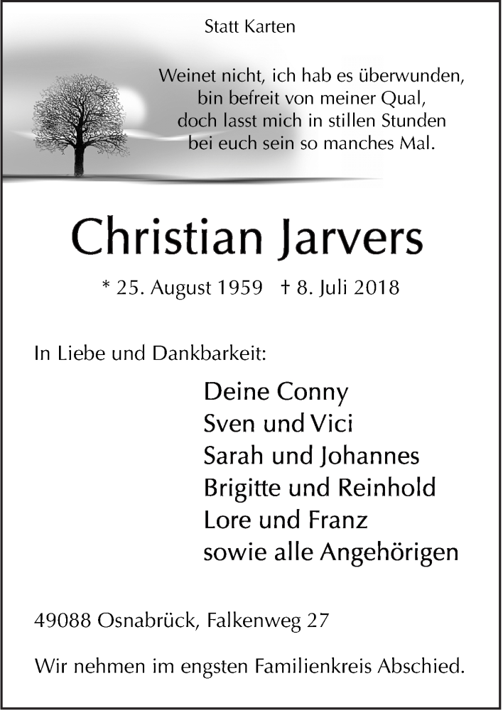  Traueranzeige für Christian Jarvers vom 14.07.2018 aus Neue Osnabrücker Zeitung GmbH & Co. KG