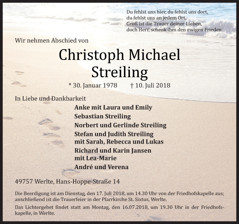  Traueranzeige für Christoph Michael Streiling vom 13.07.2018 aus Neue Osnabrücker Zeitung GmbH & Co. KG