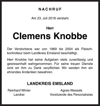 Traueranzeige von Clemens Knobbe von Neue Osnabrücker Zeitung GmbH & Co. KG