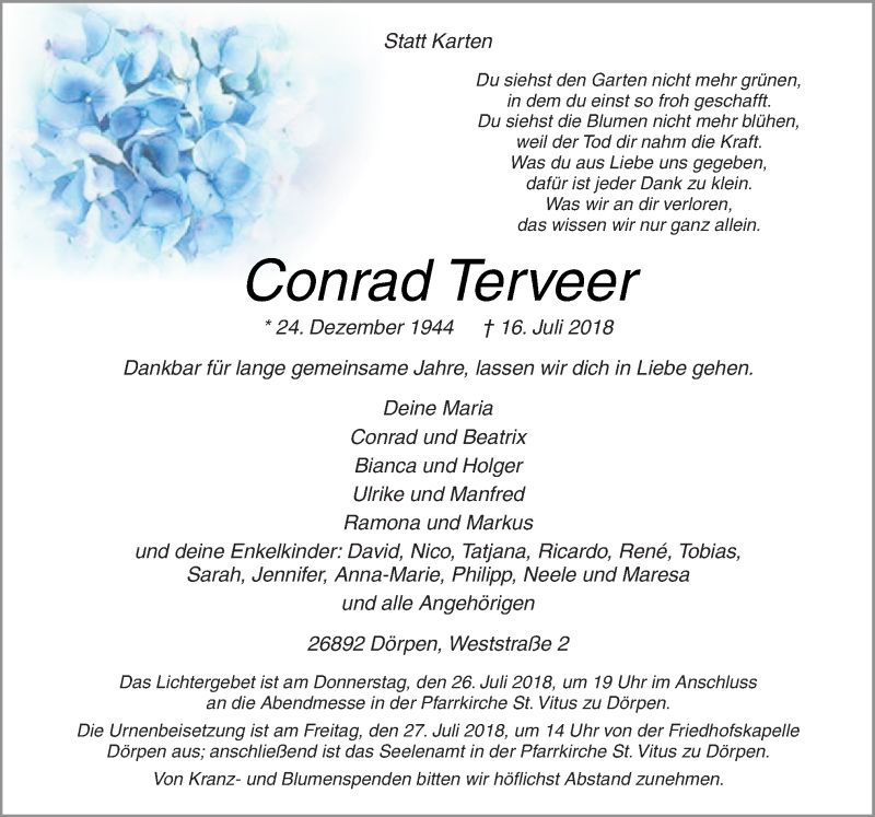  Traueranzeige für Conrad Terveer vom 18.07.2018 aus Neue Osnabrücker Zeitung GmbH & Co. KG